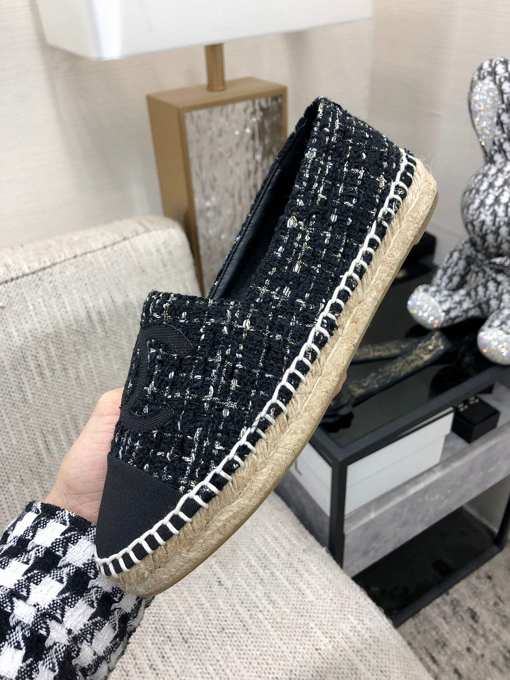 CHANEL LOAFER IN BLACK MIX WHITE WOOL TWEED