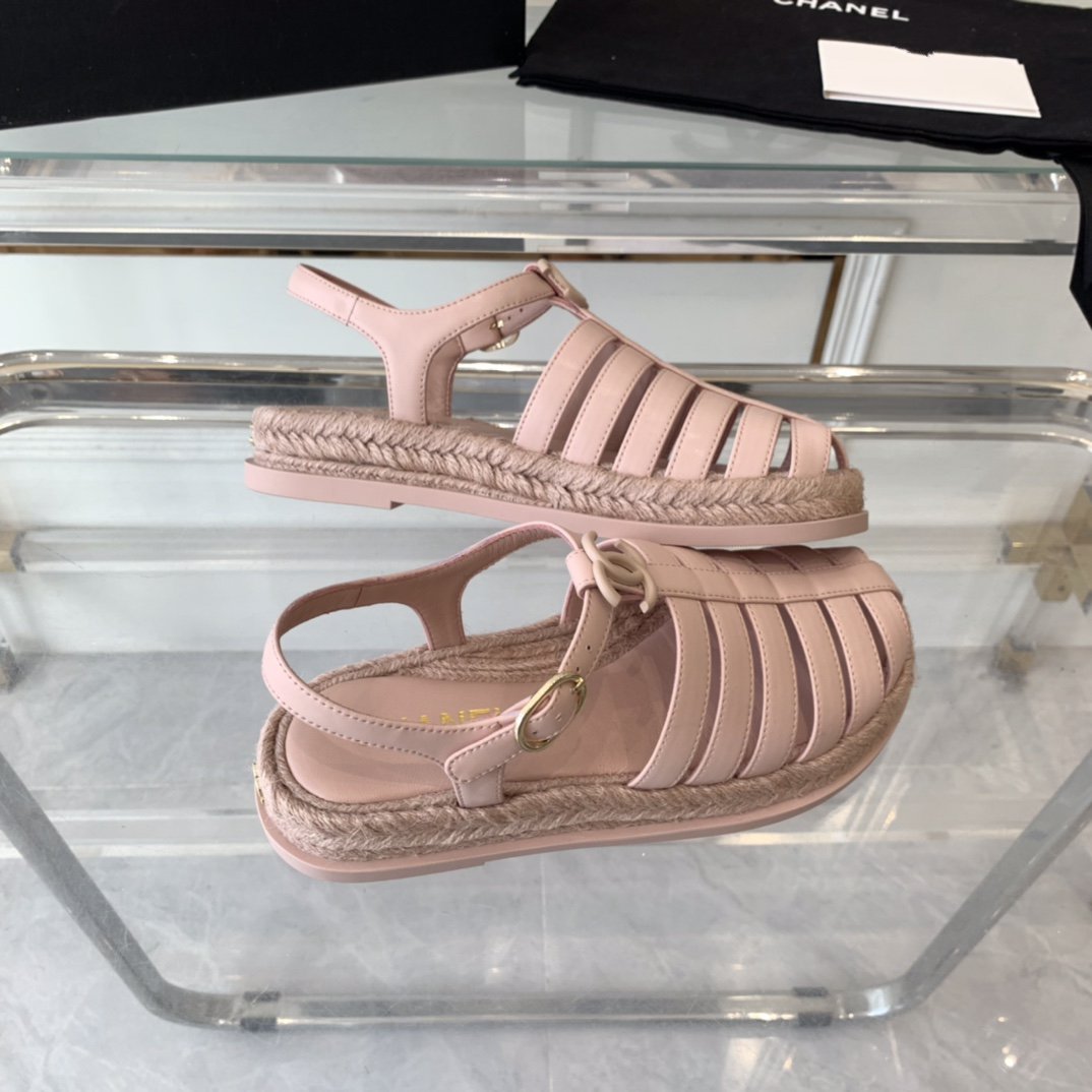 CHANEL roman sandals pink lambskin