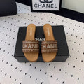 CHANEL RHINESTONE LETTER SLIPPERS CINNAMON BROWN LAMBSKIN