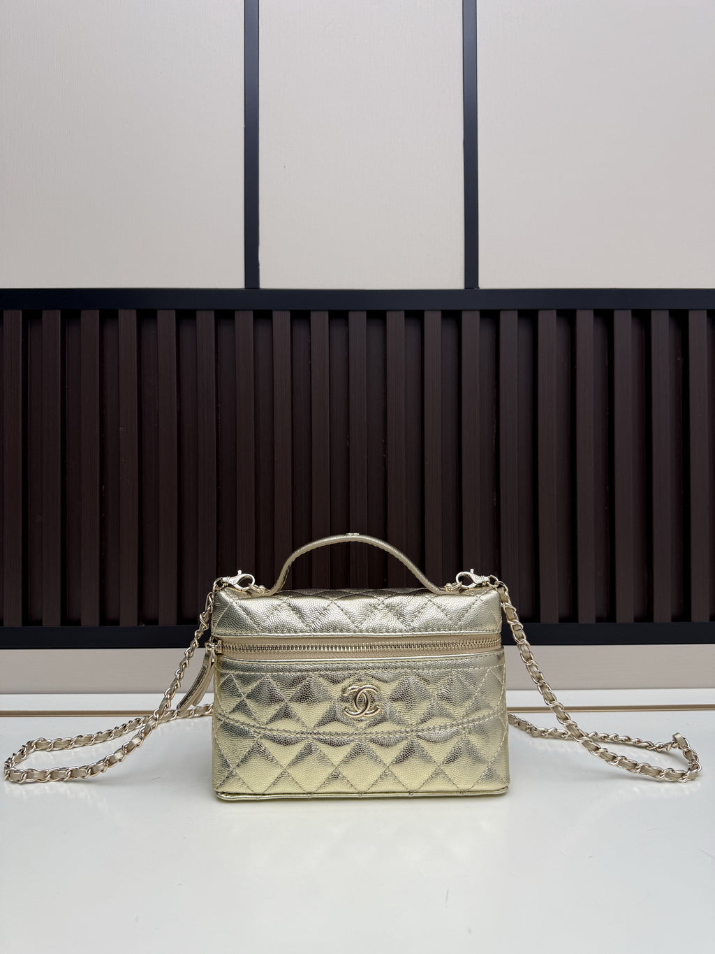 Chanel Gold Quilted Vanity Case with Chain Strap