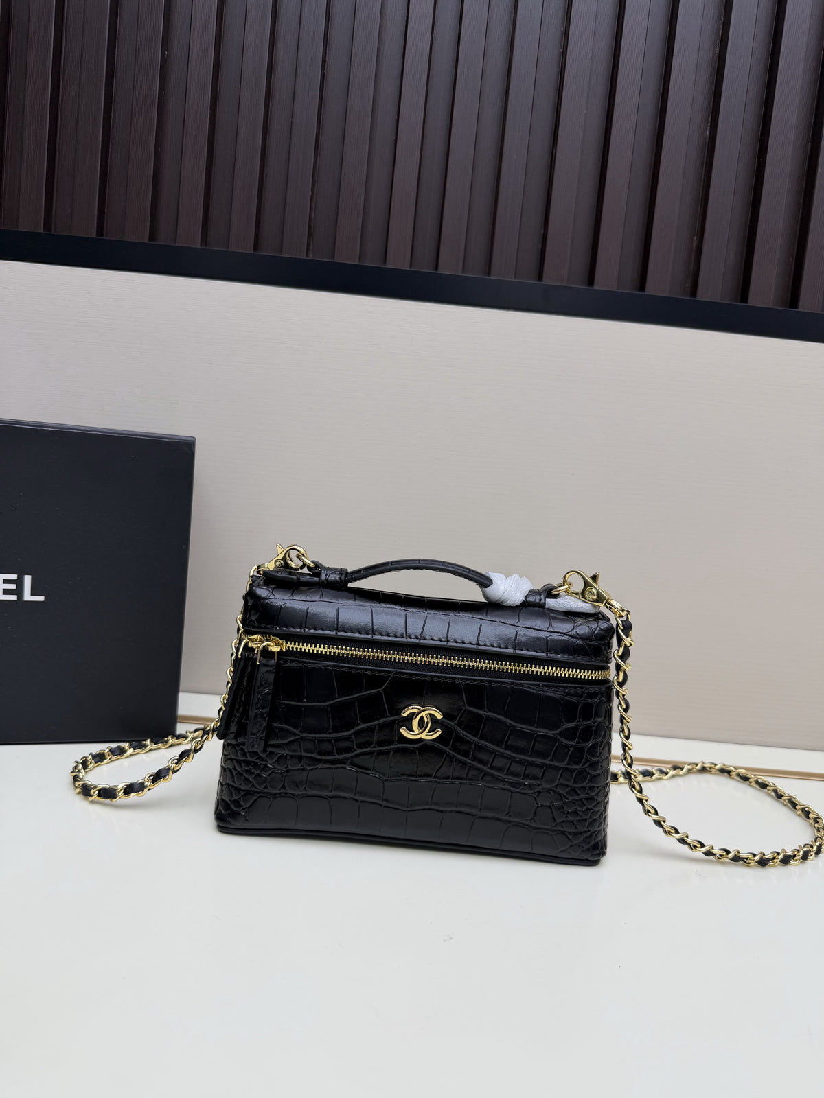 Chanel Black Croc-Effect Vanity Case Bag with Top Handle & Chain Strap