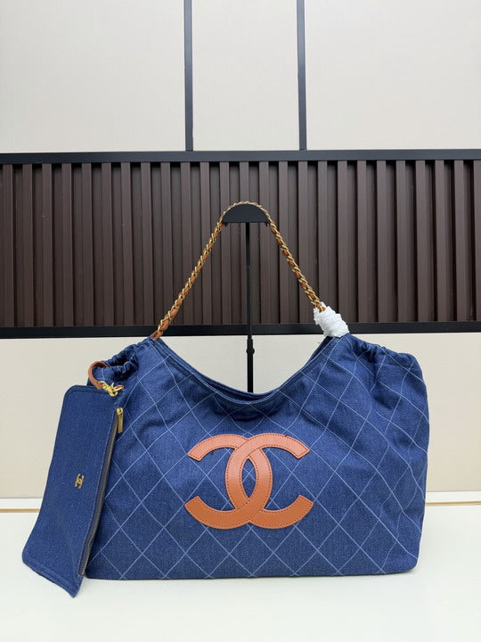 Chanel Large Quilted Canvas Tote Bag with Chain Strap