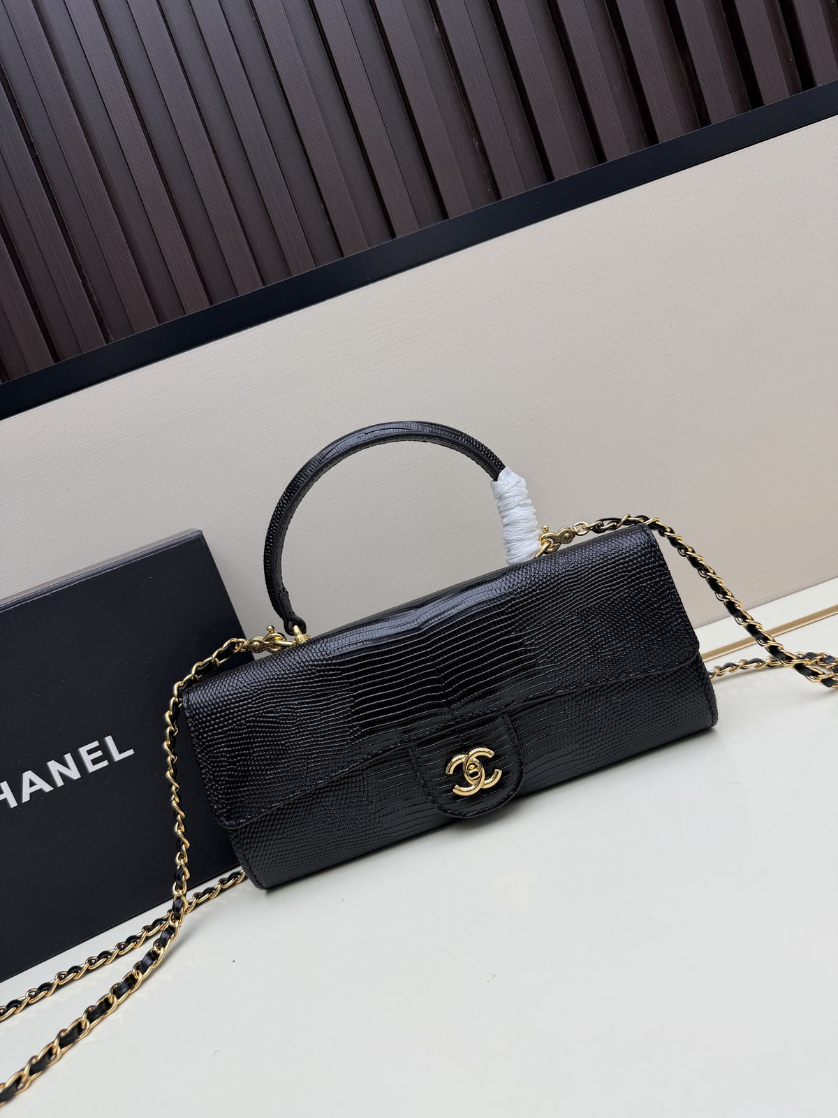 Chanel Black Textured Top-Handle Bag with Chain Strap