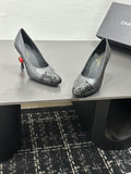 Chanel Dark Gray Pointed-Toe Pumps with Glossy Black Cap Toe