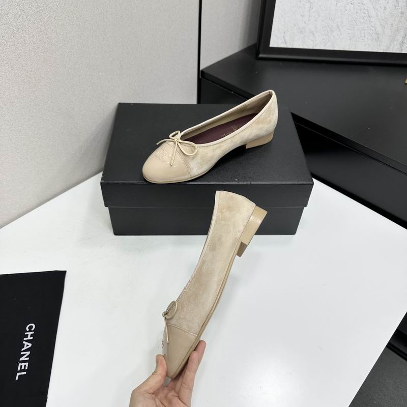 Beige suede bow ballet flats shown from two angles — top view and side view