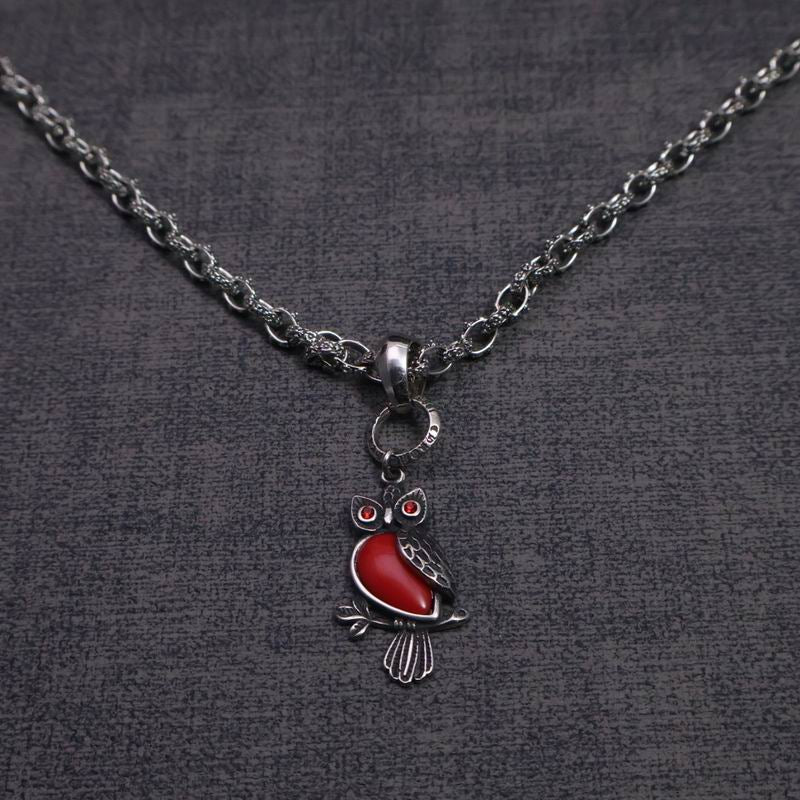 Owl Pendant Necklace with Red Enamel & Crystal Eyes