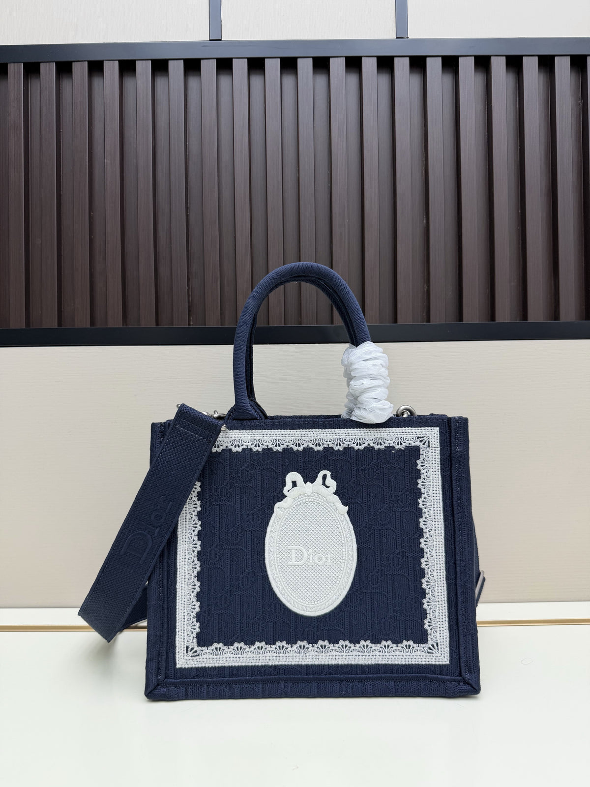 Dior Navy Blue Lace Embroidery Canvas Tote Bag