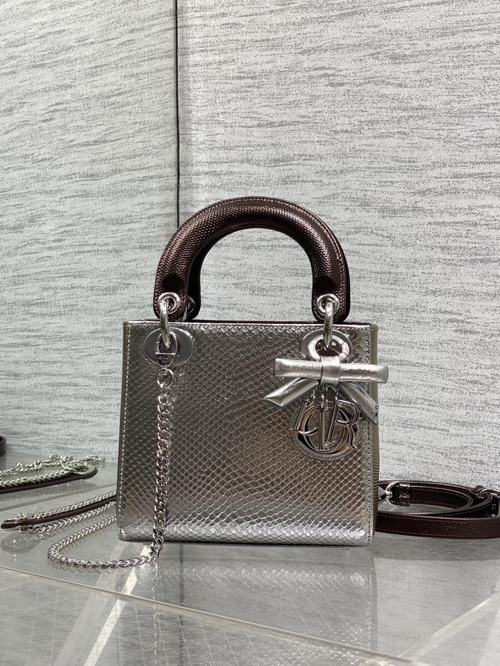 Dior Lady Dior Silver Textured Top Handle Bag