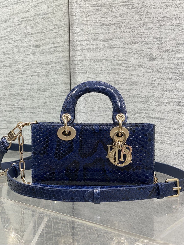 Dior Lady D-Joy Style Top Handle Bag – Navy Python-Textured with Gold Hardware