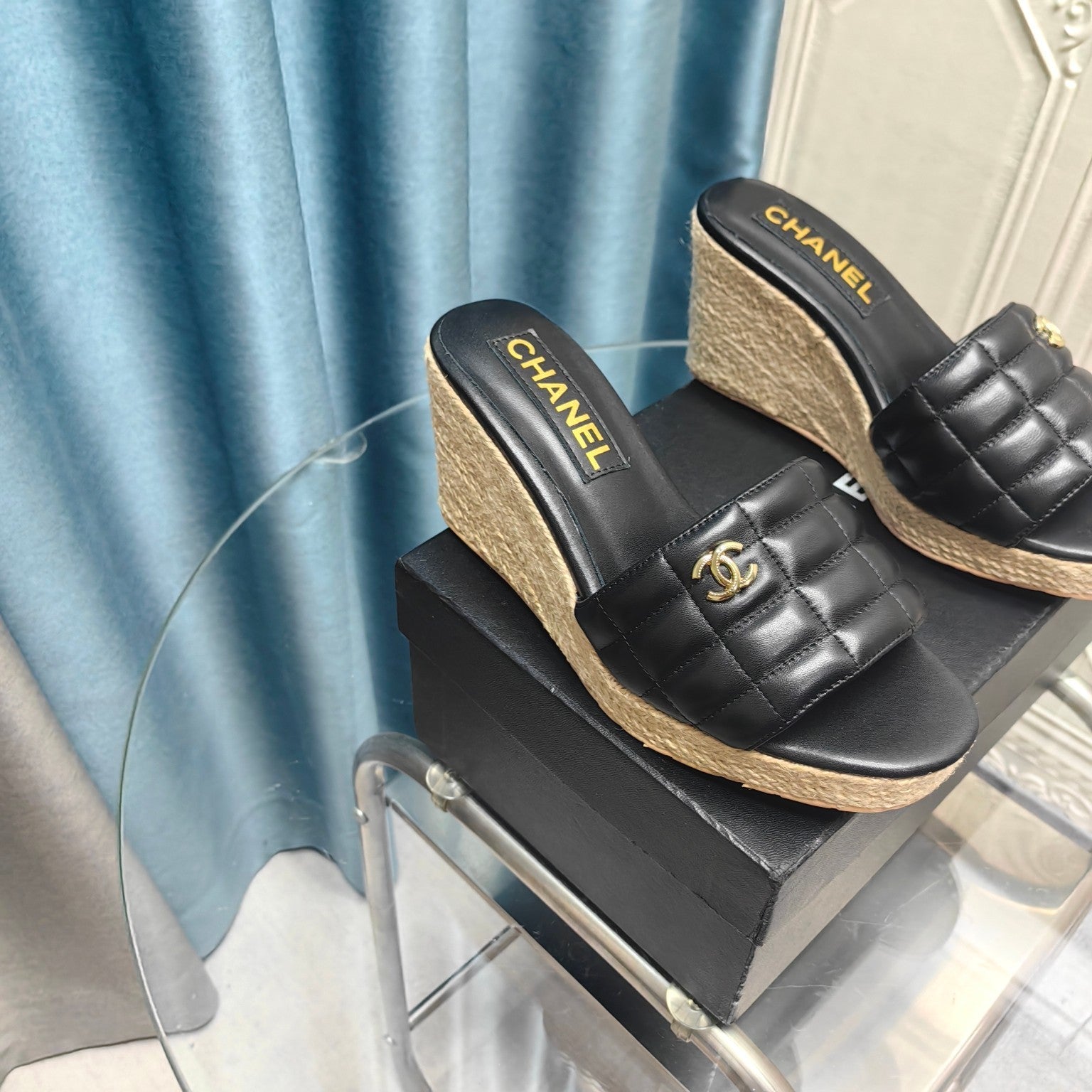 CHANEL WEDGE BLACK SHEEPSKIN