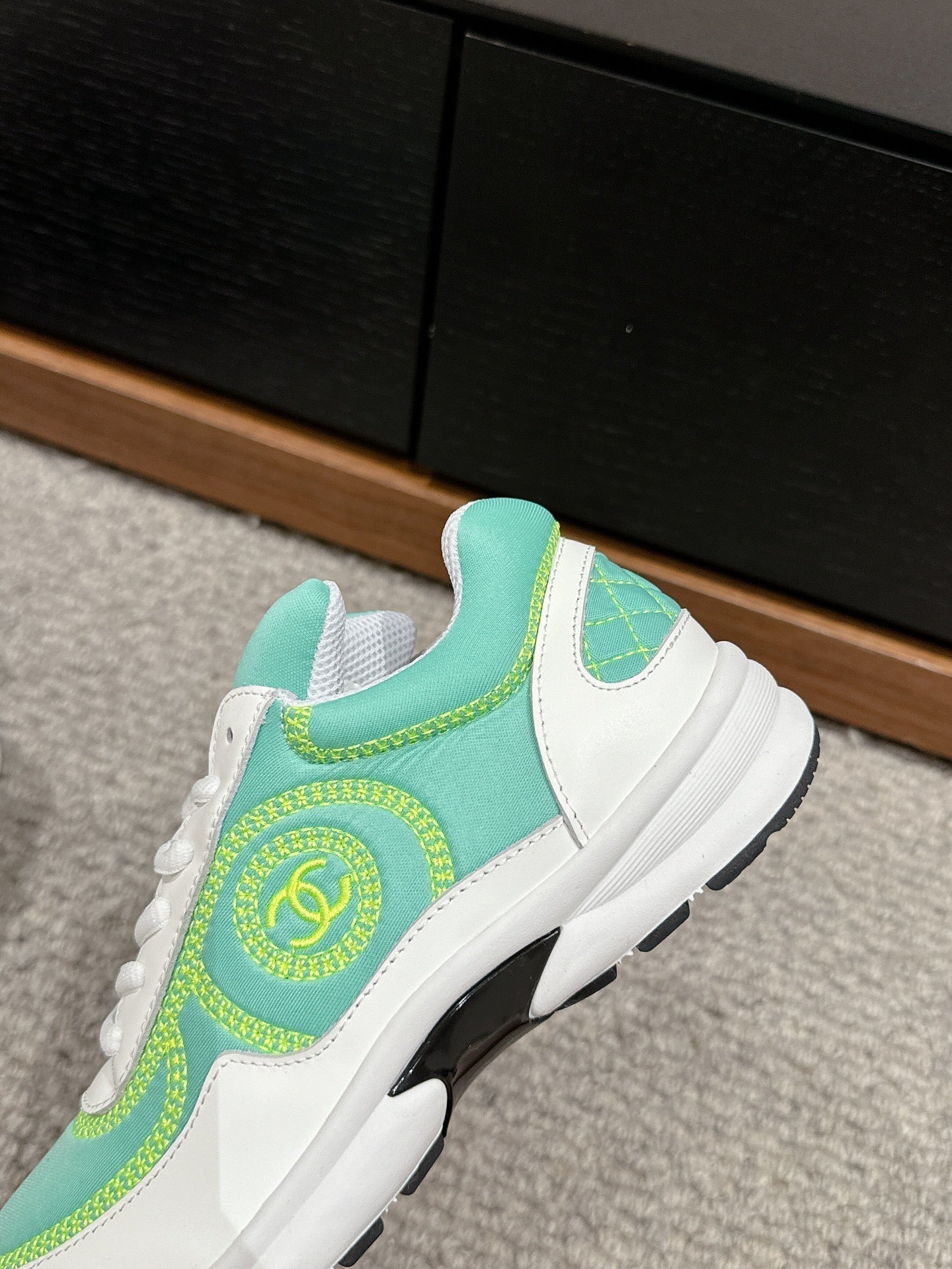 CHANEL CLASSIC TRAINER IN MINT GREEN MIX WHITE FABRIC