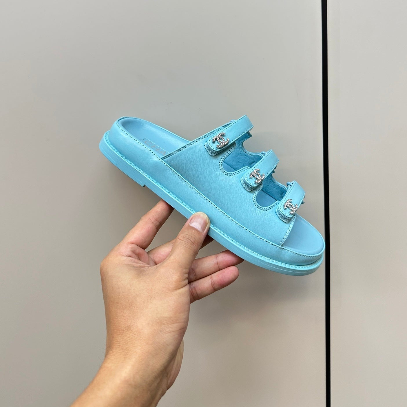 CHANEL dad sandals cloud blue 3 rows lambskin mules